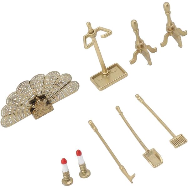 Set Accessori Caminetto Casa delle Bambole in Metallo e Resina con Candeliere e Attrezzi