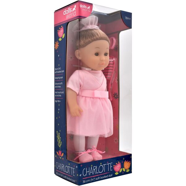 Dolls World Charlotte: miękka lalka 36 cm w sukience baletnicy i akcesoriach