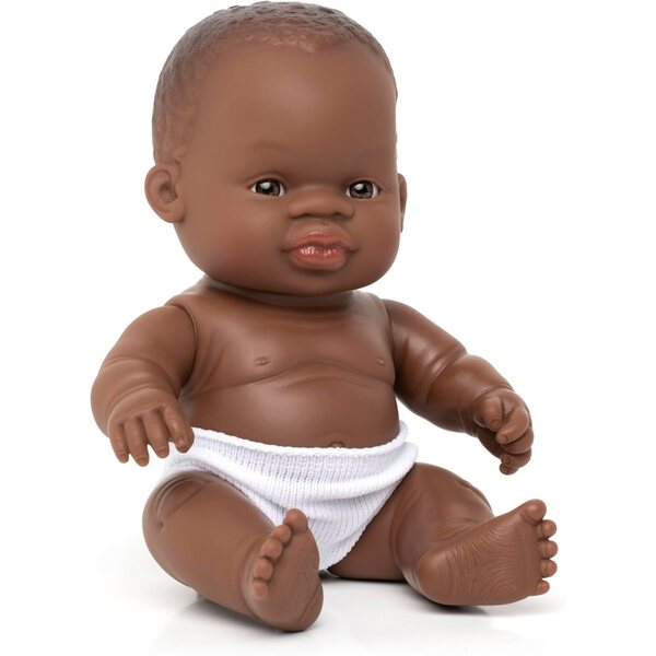 Miniland 21 cm große afrikanische Puppe aus weichem Vinyl mit grünem Kleid – Spiel inklusive