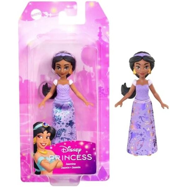 Mattel Disney Princess Jasmine - Muñeca pequeña posable, figura coleccionable de 3.5 pulgadas en traje morado brillante, inspirada en la película Aladdin