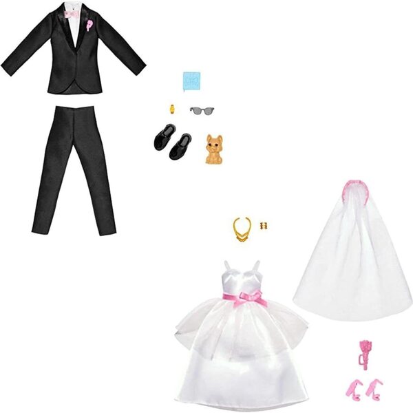 Barbie és Ken menyasszony és vőlegény divatszett esküvői ruhával és elegáns emoquinnel