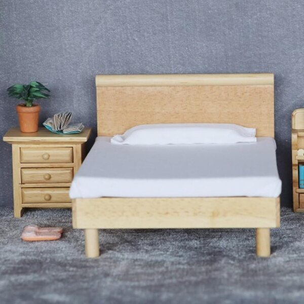 Letto doppio in legno scala 1:12 per case delle bambole con tessuto di alta qualità
