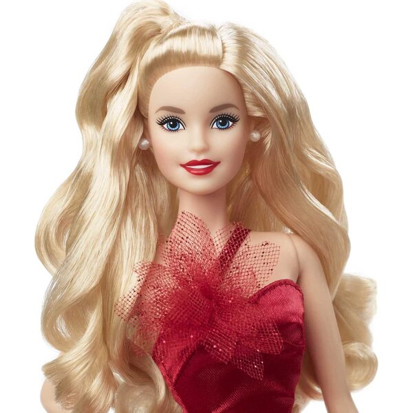 Barbie Natalizia 2022 collezione con vestito rosso e dettagli floreali, edizione limitata
