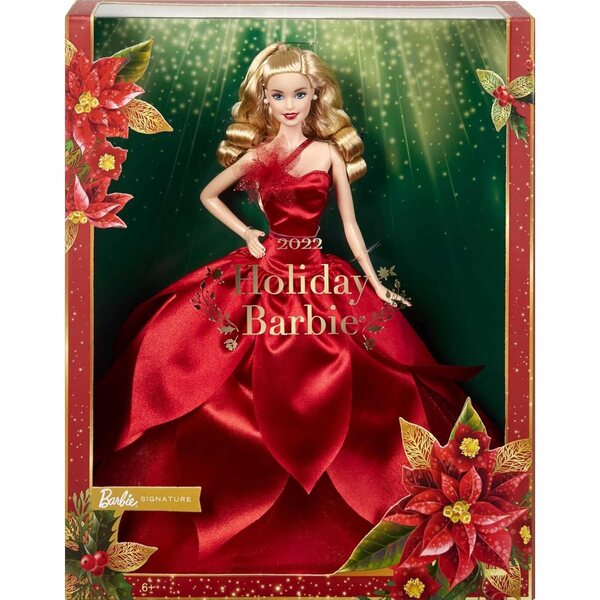 Barbie Natalizia 2022 collezione con vestito rosso e dettagli floreali, edizione limitata