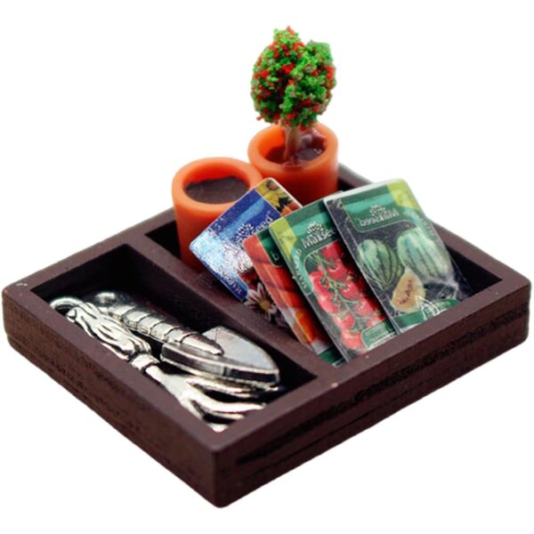 1/12 Miniatur-Gartenset mit Holztablett und Pflanze für Puppenhäuser