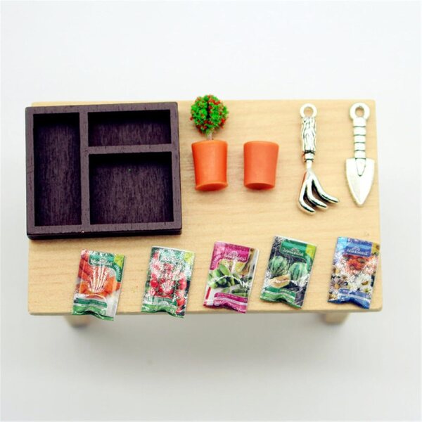 1/12 Miniatur-Gartenset mit Holztablett und Pflanze für Puppenhäuser