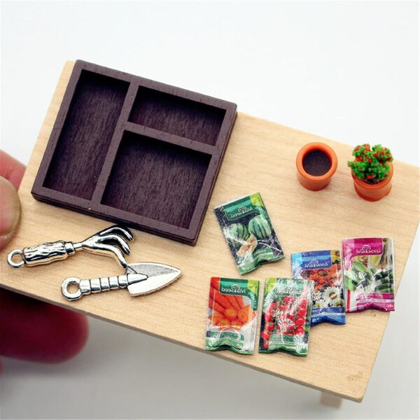 1/12 Miniatur-Gartenset mit Holztablett und Pflanze für Puppenhäuser