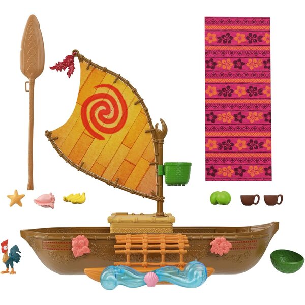 Mattel Disney Canoa de aventurera oceánica de Vaiana Conjunto de Juego con 5 áreas de Juego, 9 Accesorios, Figura del Animal Heihei y balancín, Inspirado en la película, JLN22