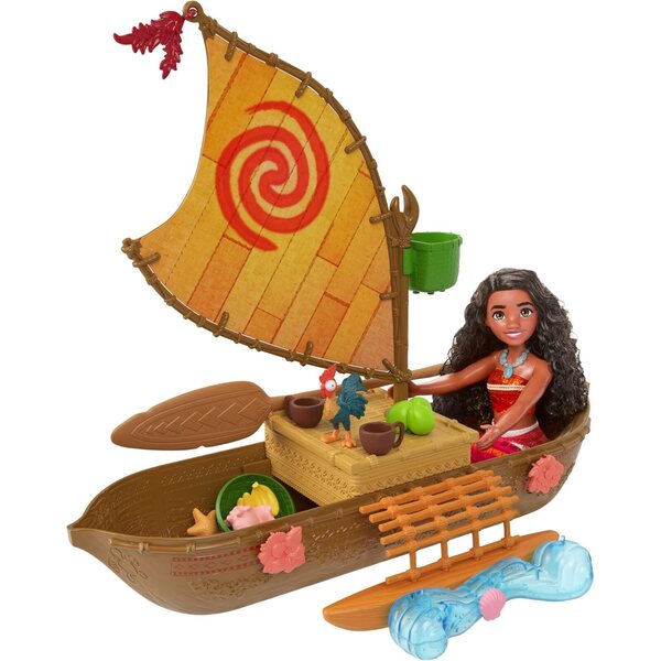 Mattel Disney Canoa de aventurera oceánica de Vaiana Conjunto de Juego con 5 áreas de Juego, 9 Accesorios, Figura del Animal Heihei y balancín, Inspirado en la película, JLN22