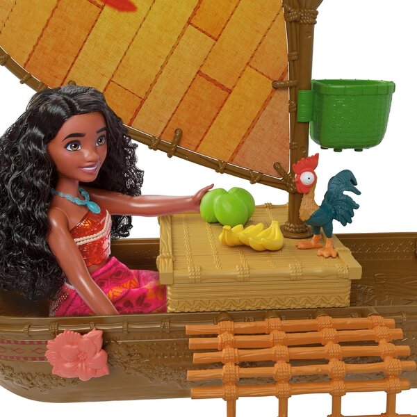 Mattel Disney Canoa de aventurera oceánica de Vaiana Conjunto de Juego con 5 áreas de Juego, 9 Accesorios, Figura del Animal Heihei y balancín, Inspirado en la película, JLN22