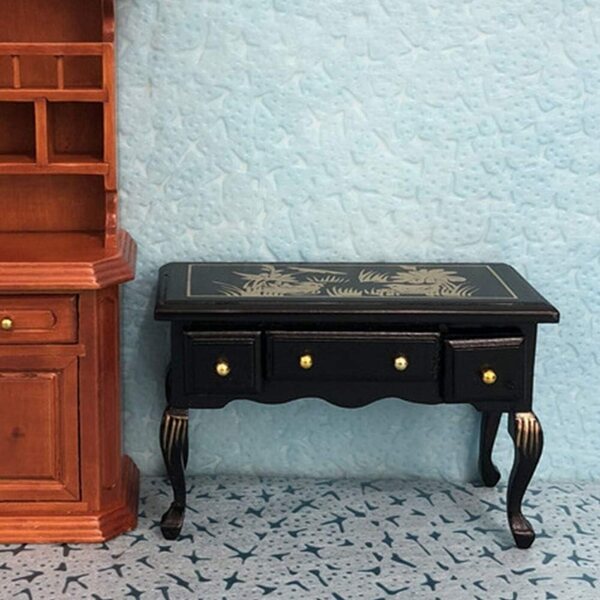 Scrivania in Legno Vintage per Casa delle Bambole 1:12 con 3 Cassetti Decorativi
