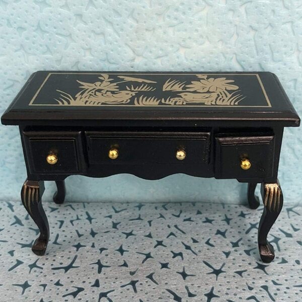 Scrivania in Legno Vintage per Casa delle Bambole 1:12 con 3 Cassetti Decorativi