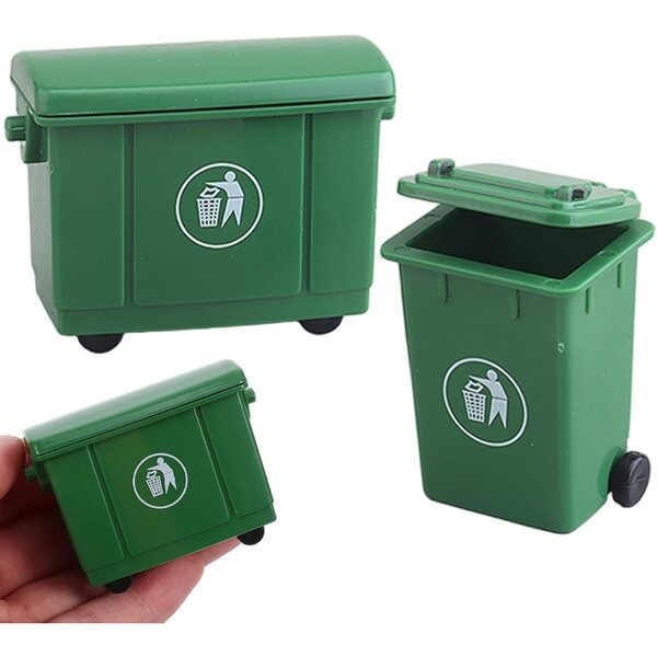 2 Mini Pattumiere Verdi con Coperchio Apribile per Casa delle Bambole in Scala 1:12