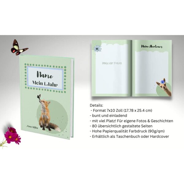 Personaliséiert Annabell Baby Album - Éischt Erënnerungen Tagebuch mat adorable Déieren
