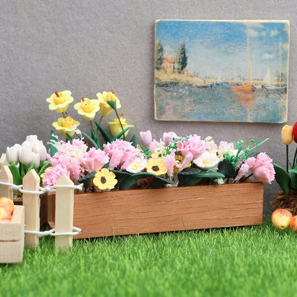 Miniatuur bloem- en bedmodel voor poppenhuis in hars en hout 8 cm