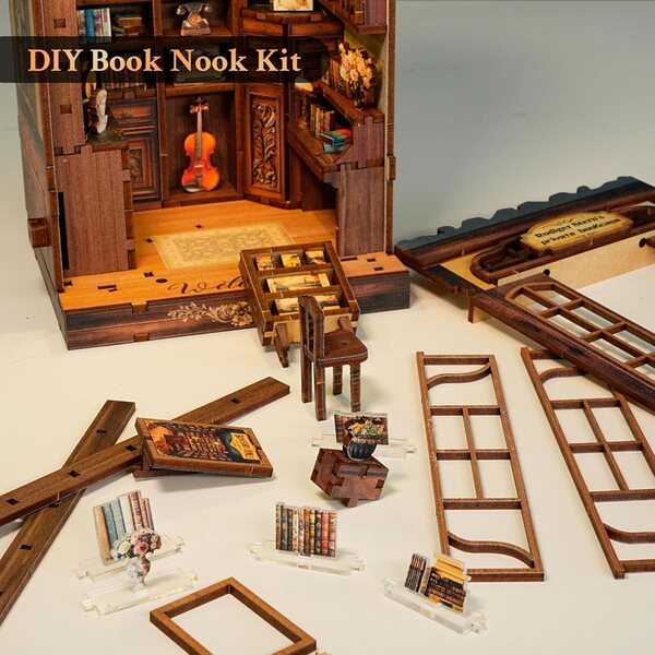 Kit de estante miniatura com LED e sensor de luz - estante decorativa 3D de madeira