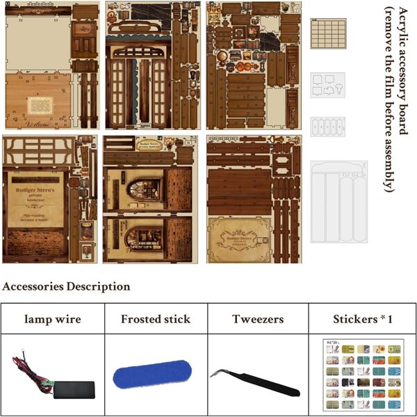 Kit de estante miniatura com LED e sensor de luz - estante decorativa 3D de madeira
