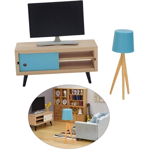 1/12 Puppenhaus-Miniatur-Holzmöbel mit Fernseher, Schrank und Lampe