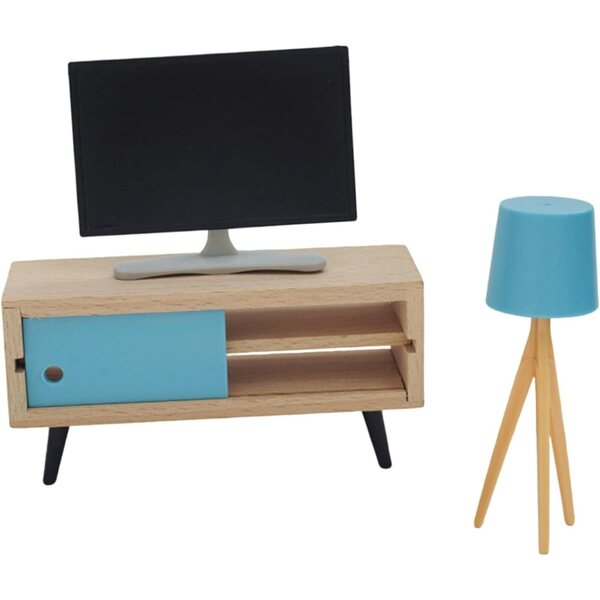 1/12 Puppenhaus-Miniatur-Holzmöbel mit Fernseher, Schrank und Lampe