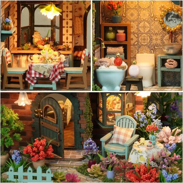 Kit de casa em miniatura RHZN com LED, kit DIY para casa detalhado e artístico