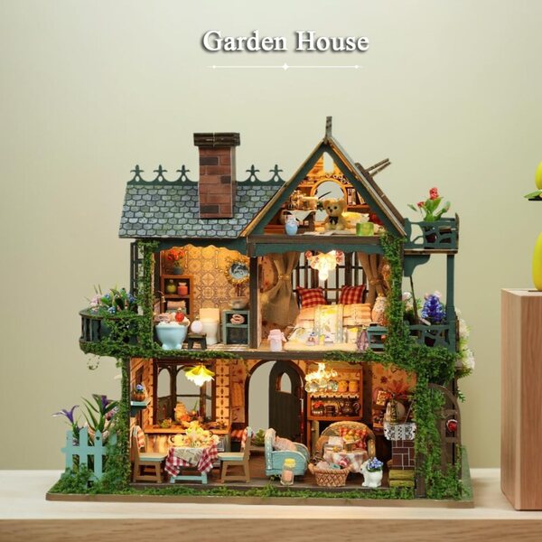 Kit de casa em miniatura RHZN com LED, kit DIY para casa detalhado e artístico