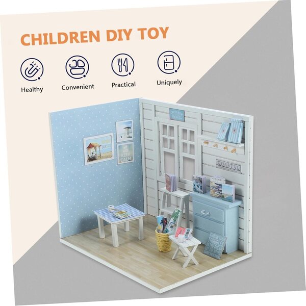 VICASKY DIY dřevěný domeček pro panenky pro děti, modrá kreativní sada miniatur