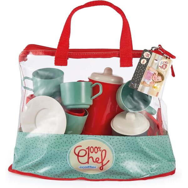 Ecoiffier 100por ciento Chef Bolso vajilla con 35 Accesorios, Juego de imitación con Platos, Cubiertos, Tazas y Tetera, Set de Cocina portátil Desde 18 Meses (3280250126409)