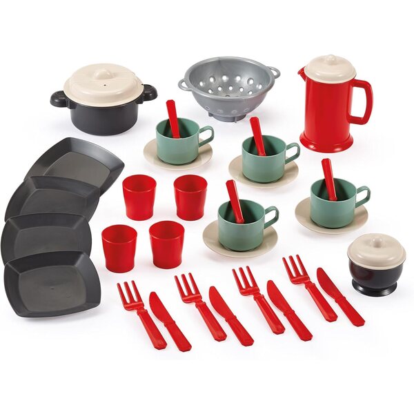 Ecoiffier 100por ciento Chef Bolso vajilla con 35 Accesorios, Juego de imitación con Platos, Cubiertos, Tazas y Tetera, Set de Cocina portátil Desde 18 Meses (3280250126409)