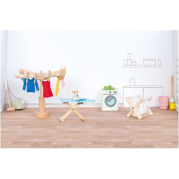 Accessoires de lessive Goki pour maison de poupées - Ensemble de 29 pièces en bois de qualité