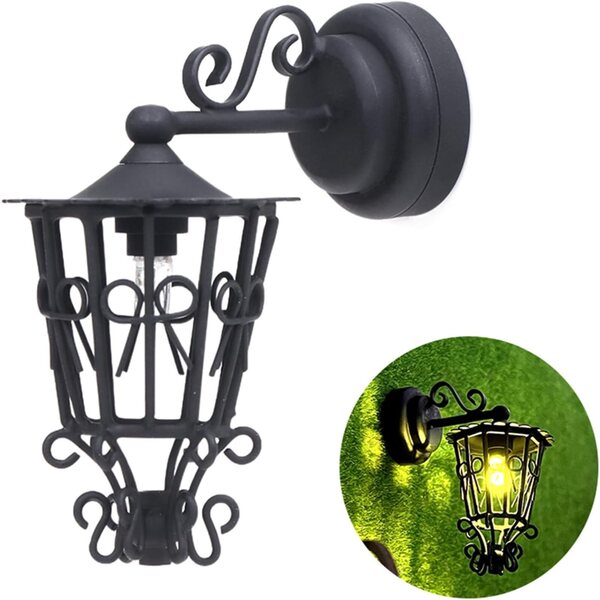 1/12 Miniatur-LED-Wandlampe für Puppenhäuser, aus ausgehöhltem schwarzem Metall