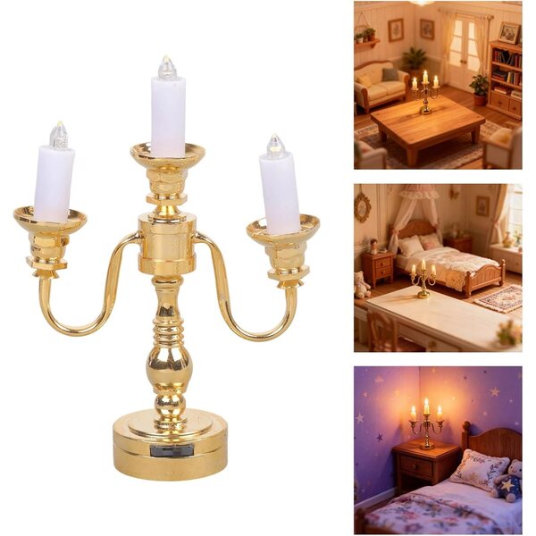 Goldene Kandelaberlampe aus Metall mit 3 Armen für Puppenhaus im Maßstab 1:12