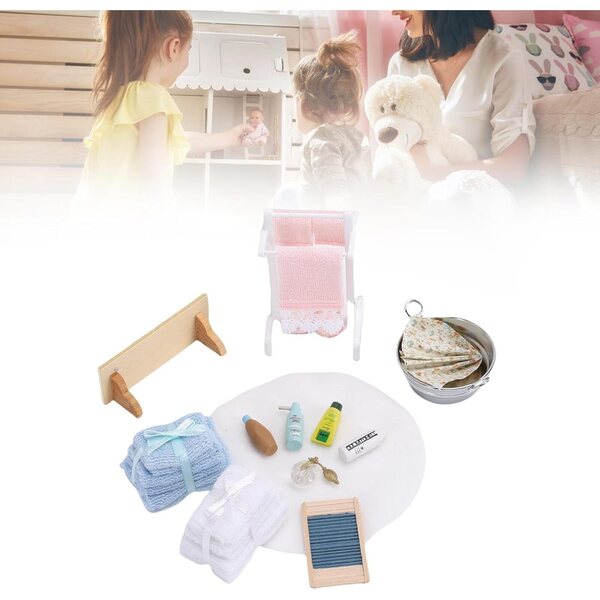 Set Mini Accessori Bagno Casa delle Bambole, Realistici in Scala 1/12, Legno e Cotone