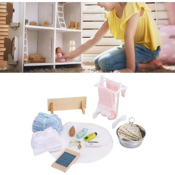 Set Mini Accessori Bagno Casa delle Bambole, Realistici in Scala 1/12, Legno e Cotone