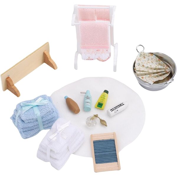 Set Mini Accessori Bagno Casa delle Bambole, Realistici in Scala 1/12, Legno e Cotone