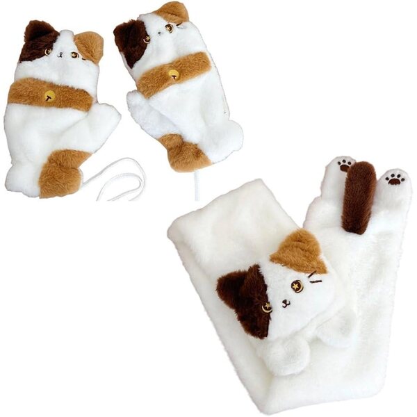 Ensemble écharpe et mitaines peluche motif chats AMOYER, chaud et doux
