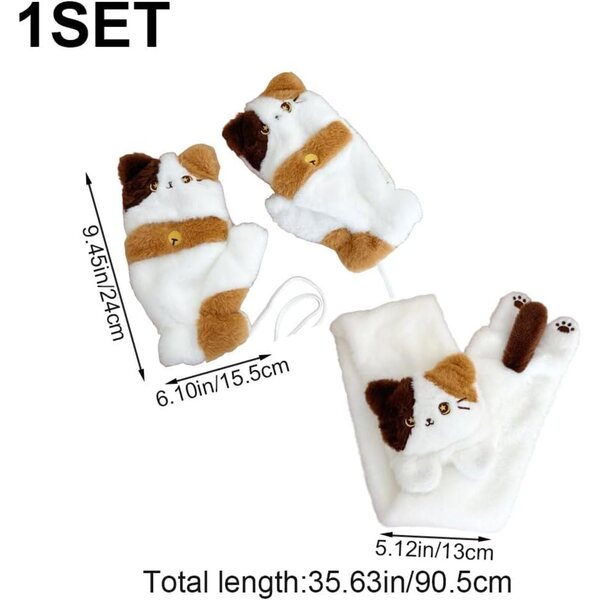 Pluche sjaal en wanten set met AMOYER kattenmotief, warm en zacht