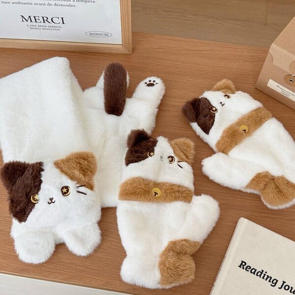 Pluche sjaal en wanten set met AMOYER kattenmotief, warm en zacht
