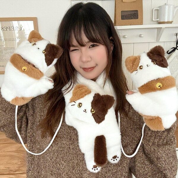 Pluche sjaal en wanten set met AMOYER kattenmotief, warm en zacht