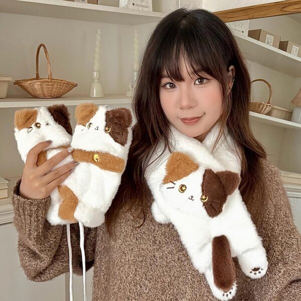 Pluche sjaal en wanten set met AMOYER kattenmotief, warm en zacht