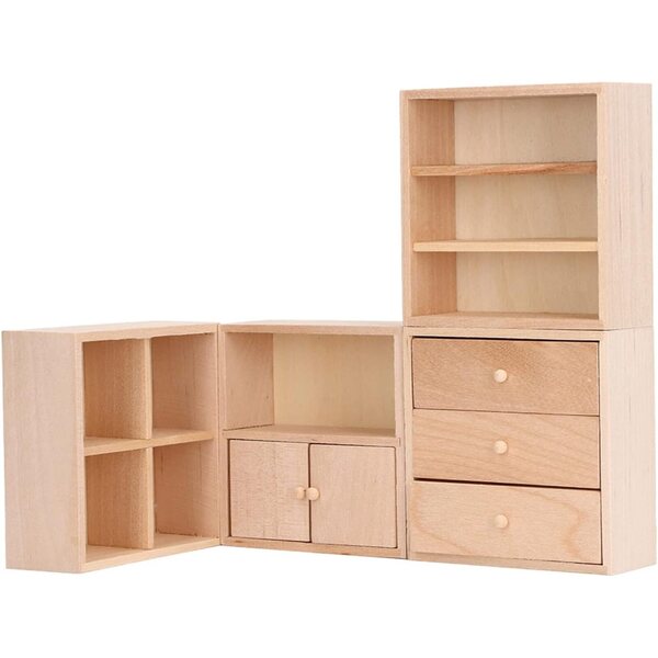 Set Mobili Miniatura in Betulla per Casa delle Bambole Scala 1/12 - 4 Armadietti Funzionali