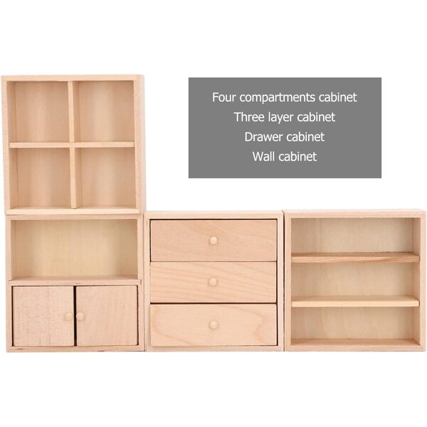 Set Mobili Miniatura in Betulla per Casa delle Bambole Scala 1/12 - 4 Armadietti Funzionali