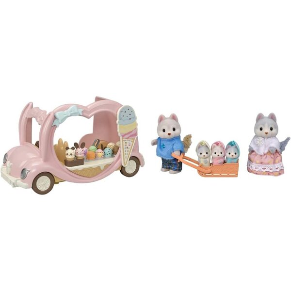 FAMILJI SYLVANIAN Helados Van bi 30 Aċċessorju & Familja Husky Set 5 Figuri