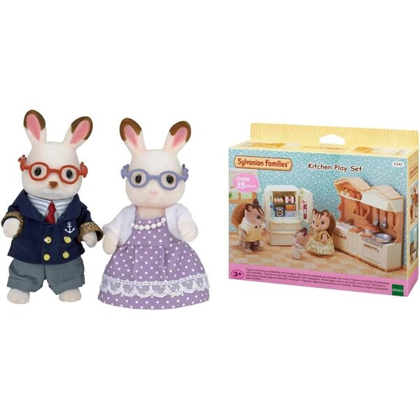 Sylvanian Families Set: Abuelos Conejo Chocolate and Elegant Kitchen Set with 36 Accessories