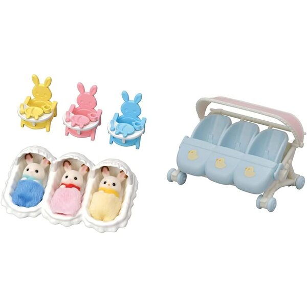 Sylvanian Families Set Trillizos Conejo Chocolate con Cuna y Cochecito