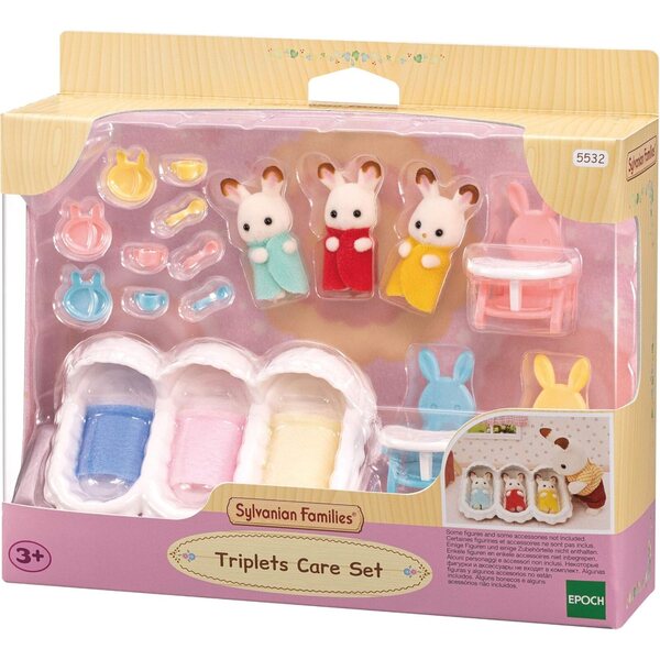 Sylvanian Families Set Trillizos Conejo Chocolate con Cuna y Cochecito