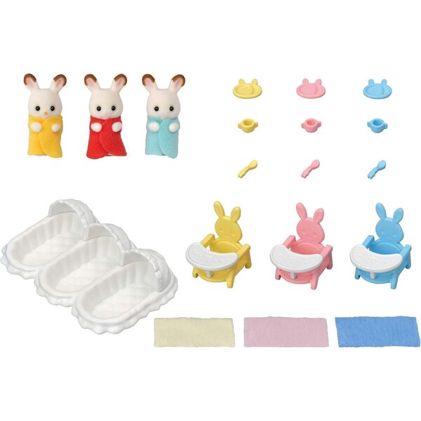 Sylvanian Families Set Trillizos Conejo Chocolate con Cuna y Cochecito