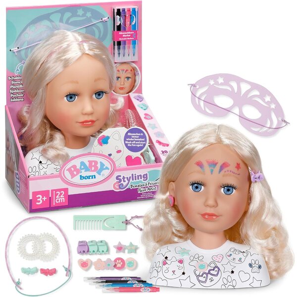 Tête de bébé né à coiffer avec feutres lavables et accessoires de maquillage et de coiffure