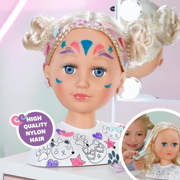 Tête de bébé né à coiffer avec feutres lavables et accessoires de maquillage et de coiffure