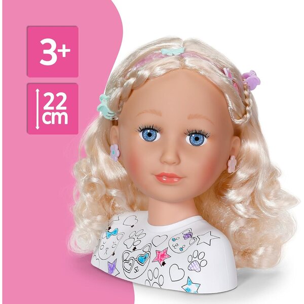 Tête de bébé né à coiffer avec feutres lavables et accessoires de maquillage et de coiffure