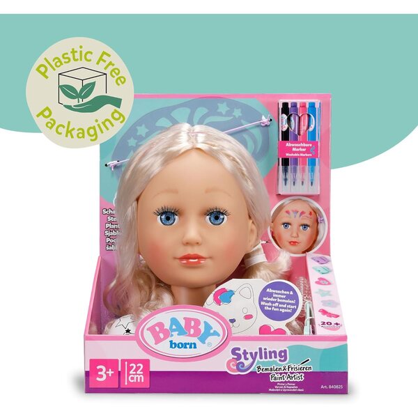 Tête de bébé né à coiffer avec feutres lavables et accessoires de maquillage et de coiffure
